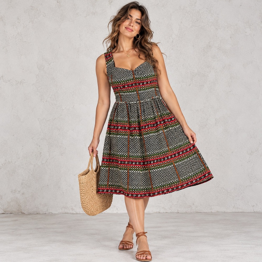 Maple Silk Geometric Print Sleeveless Cutout Back Women's Midi Dress Size 14
